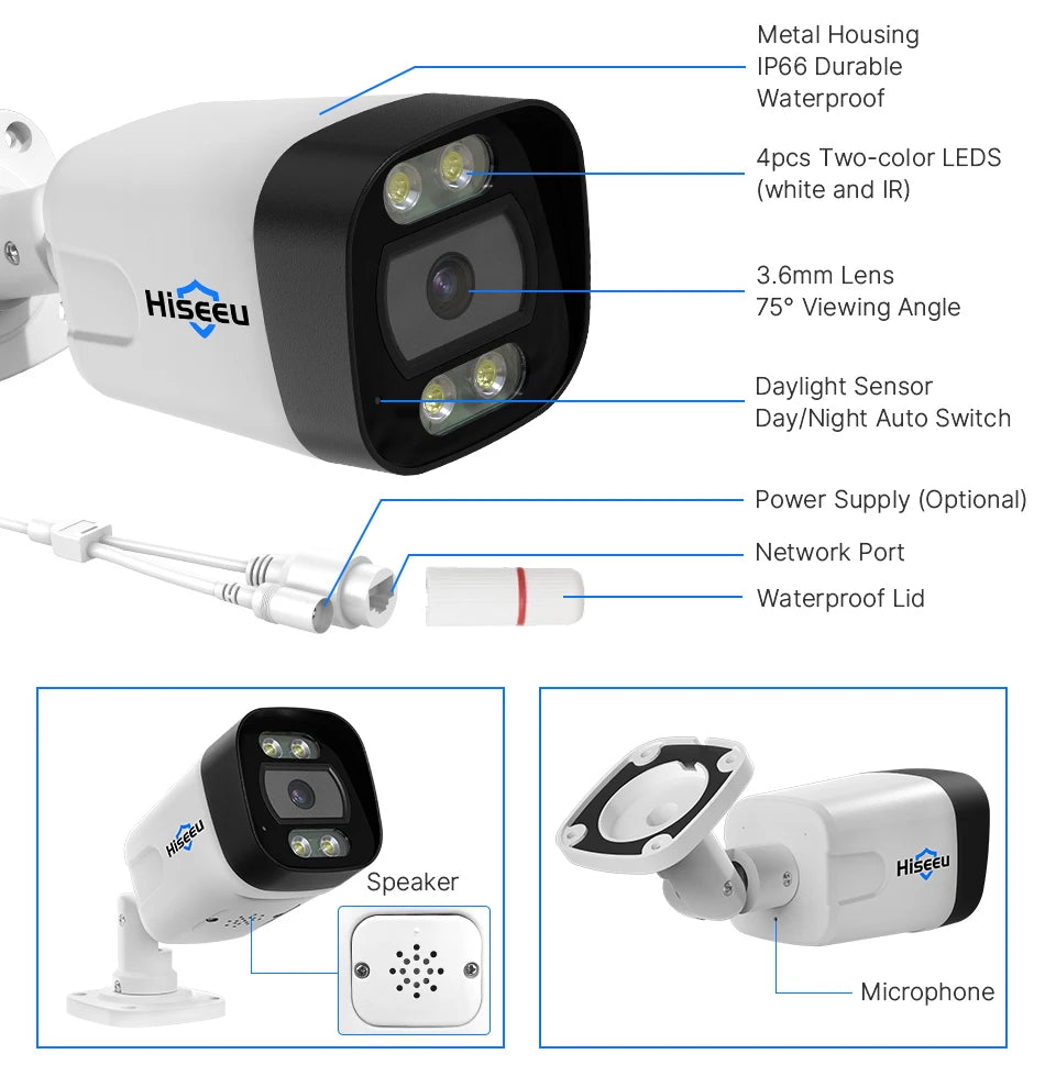 Hiseeu 4K 8MP Camera, Waterproof camera features metal housing, LEDs, lens, and sensor for auto-switching; options include power supply, network port, mic, and speaker.