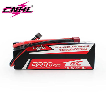 CNHL Lipo Battery, CNHL 5200mAh 7.4V 2S1P LiPo battery with 100C continuous, 200C burst discharge, 5C max charge, Deans T plug, ideal for high-power RC applications.