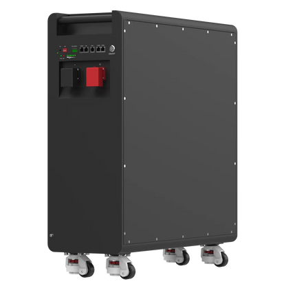 PowMr battery cabinet side and rear view showing control panel, ports, and power terminals