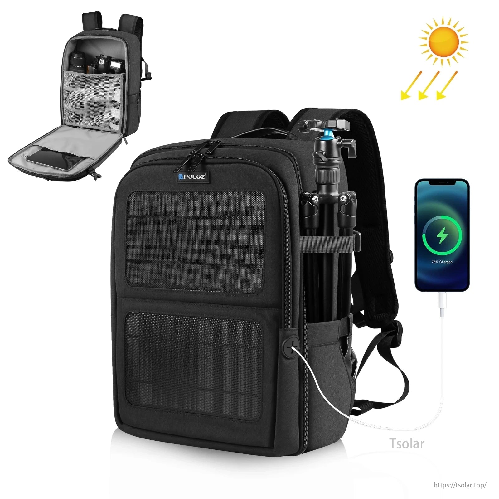 Solar Camera Backpack, Portable solar-powered laptop bag with features like monocrystalline panel, breathable mesh back support, and USB output