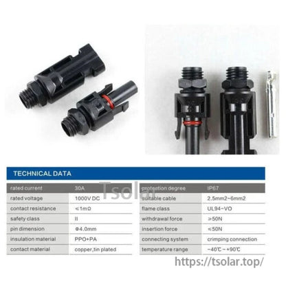 Solar Deck Panel Junction Connector, Black solar panel junction connector set with waterproof cable glands and IP67 technical data (30A, 1000V DC).