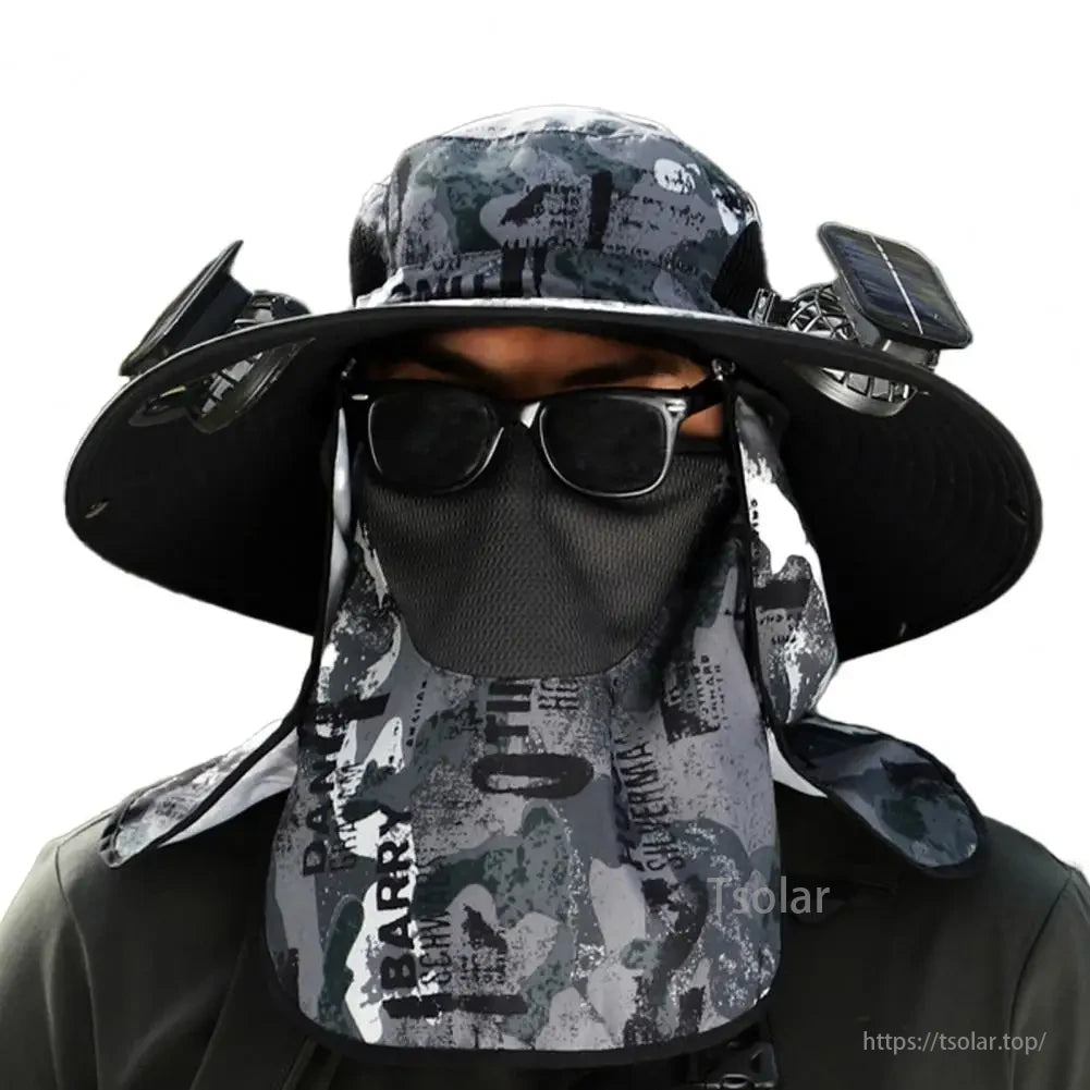 Solar Fan Hat, A solar-powered fan hat with adjustable wind speed and rechargeable battery, available in various colors.