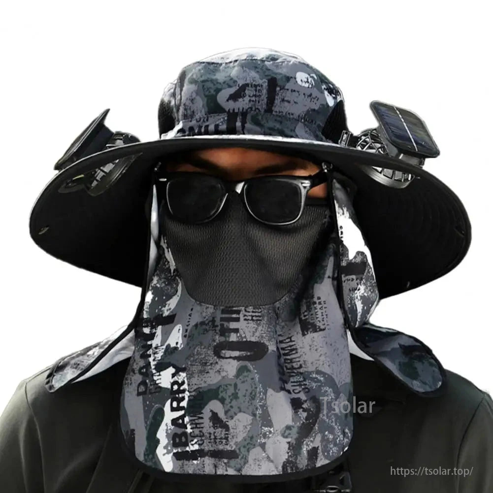Solar Fan Hat with UV Face Neck Flap – USB Rechargeable Wide Brim Cooling Hat for Men Outdoor Hiking Fishing Camping