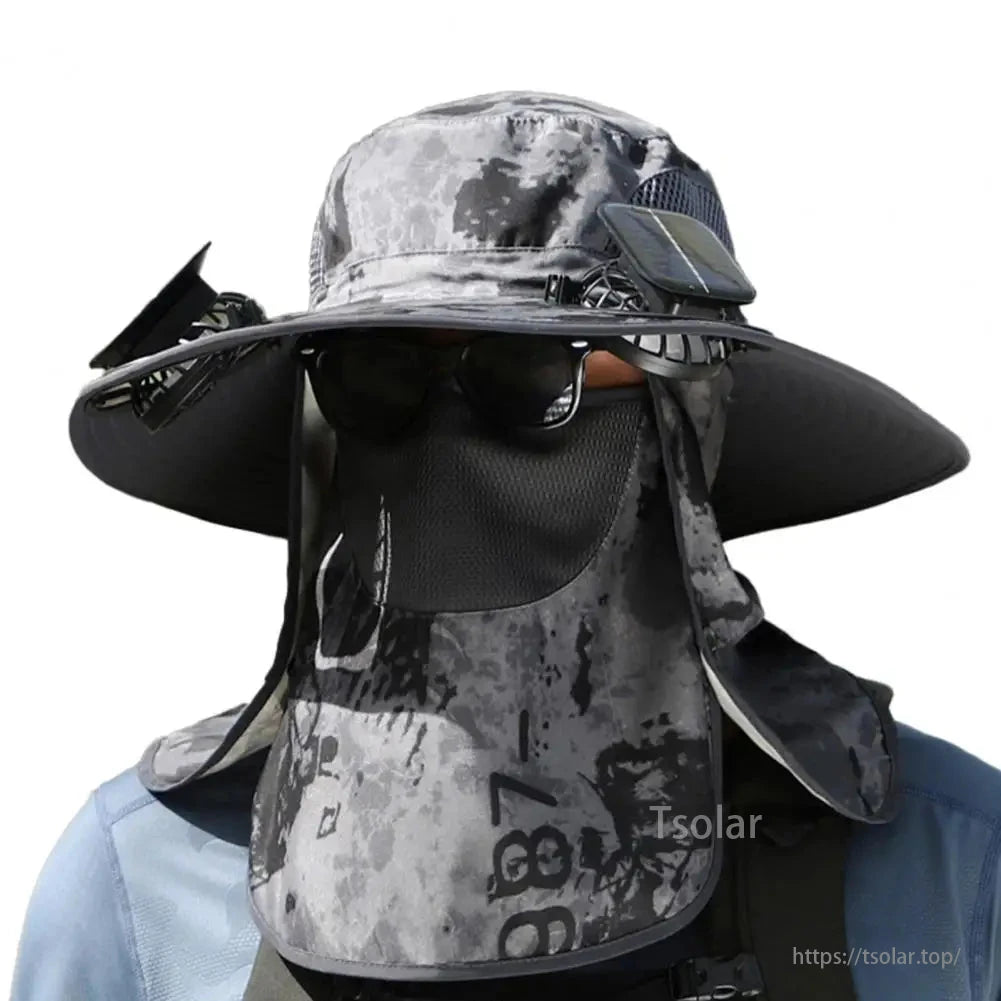 Solar Fan Hat with UV Face Neck Flap – USB Rechargeable Wide Brim Cooling Hat for Men Outdoor Hiking Fishing Camping