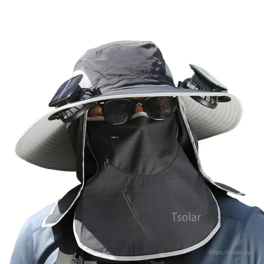 Solar Fan Hat with UV Face Neck Flap – USB Rechargeable Wide Brim Cooling Hat for Men Outdoor Hiking Fishing Camping