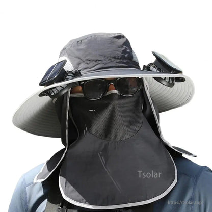 Solar Fan Hat with UV Face Neck Flap – USB Rechargeable Wide Brim Cooling Hat for Men Outdoor Hiking Fishing Camping