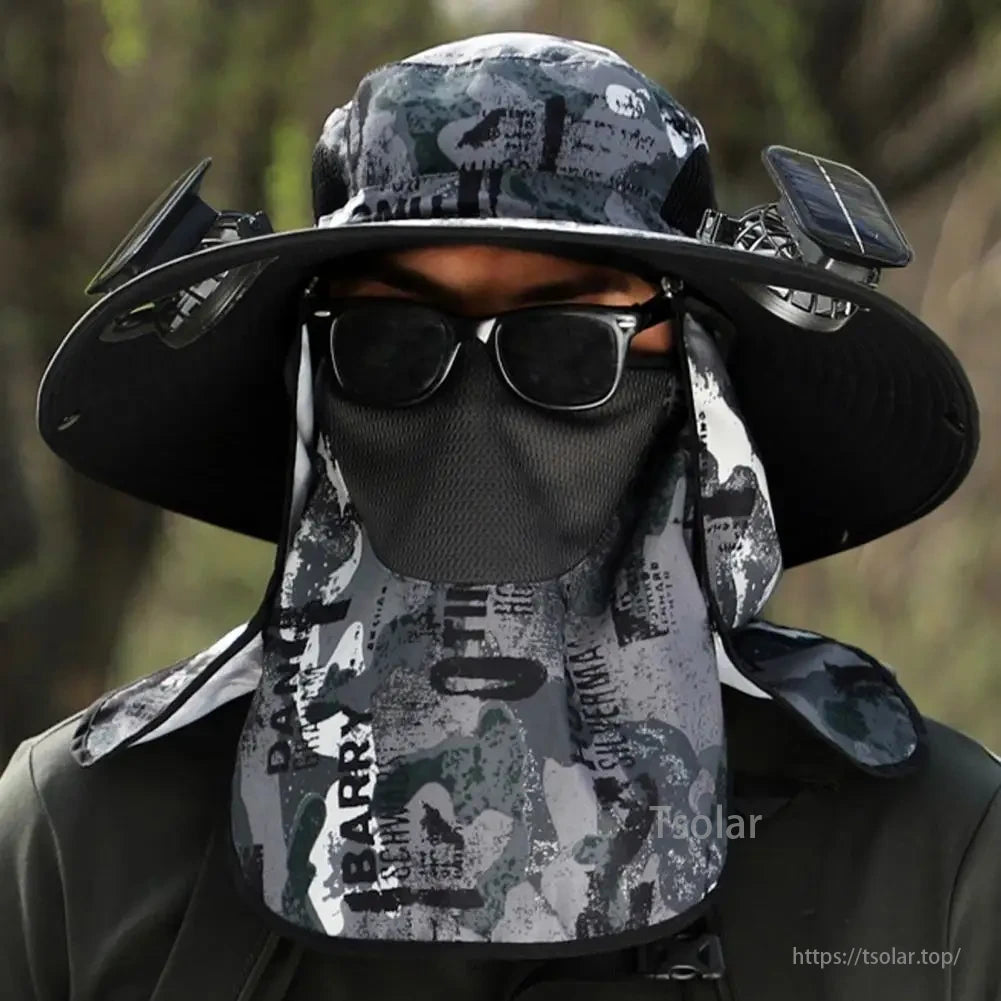 Solar Fan Hat, USB charging cable availability unclear; please confirm with supplier.