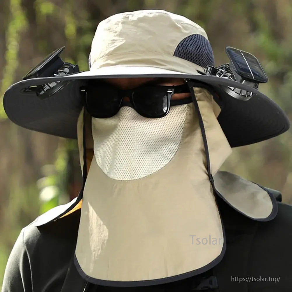 Solar Fan Hat, Solar hat for men provides UV protection and cooling features for outdoor activities like hiking, fishing, and camping.