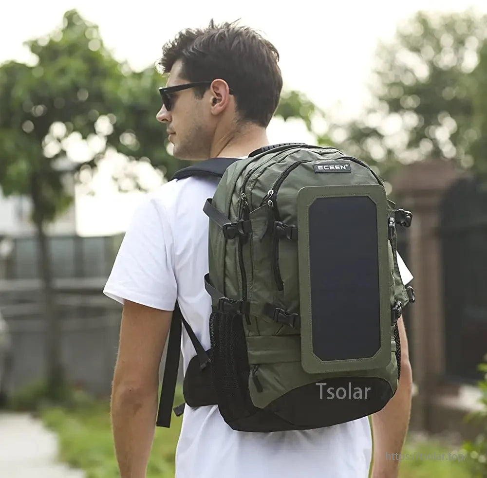 Solar Hiking Backpack, A 6.5W high-efficiency solar panel features premium SunPower cells with 22% efficiency, protected by hardened coating and water-resistant PVC.