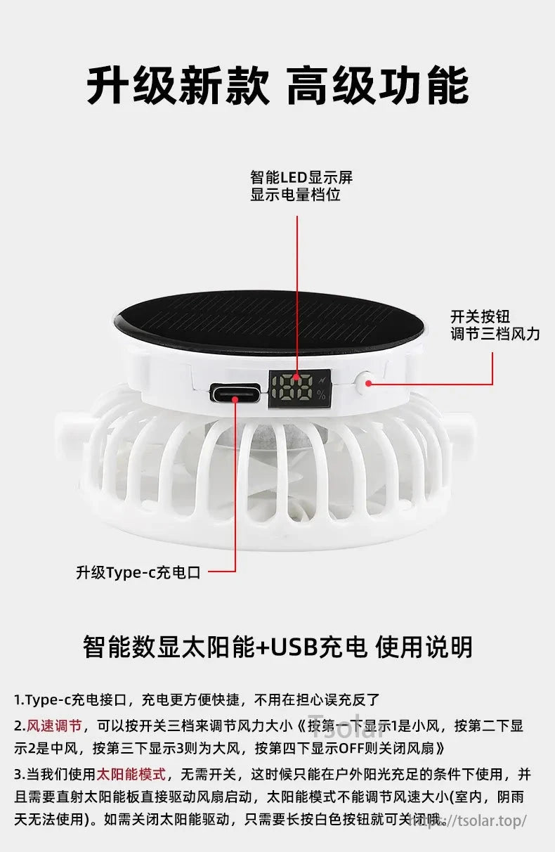 Solar Mesh Baseball Cap, Solar cap with LED display, Type-C charging, 3-speed fan control, automatically powers fan in sunlight.