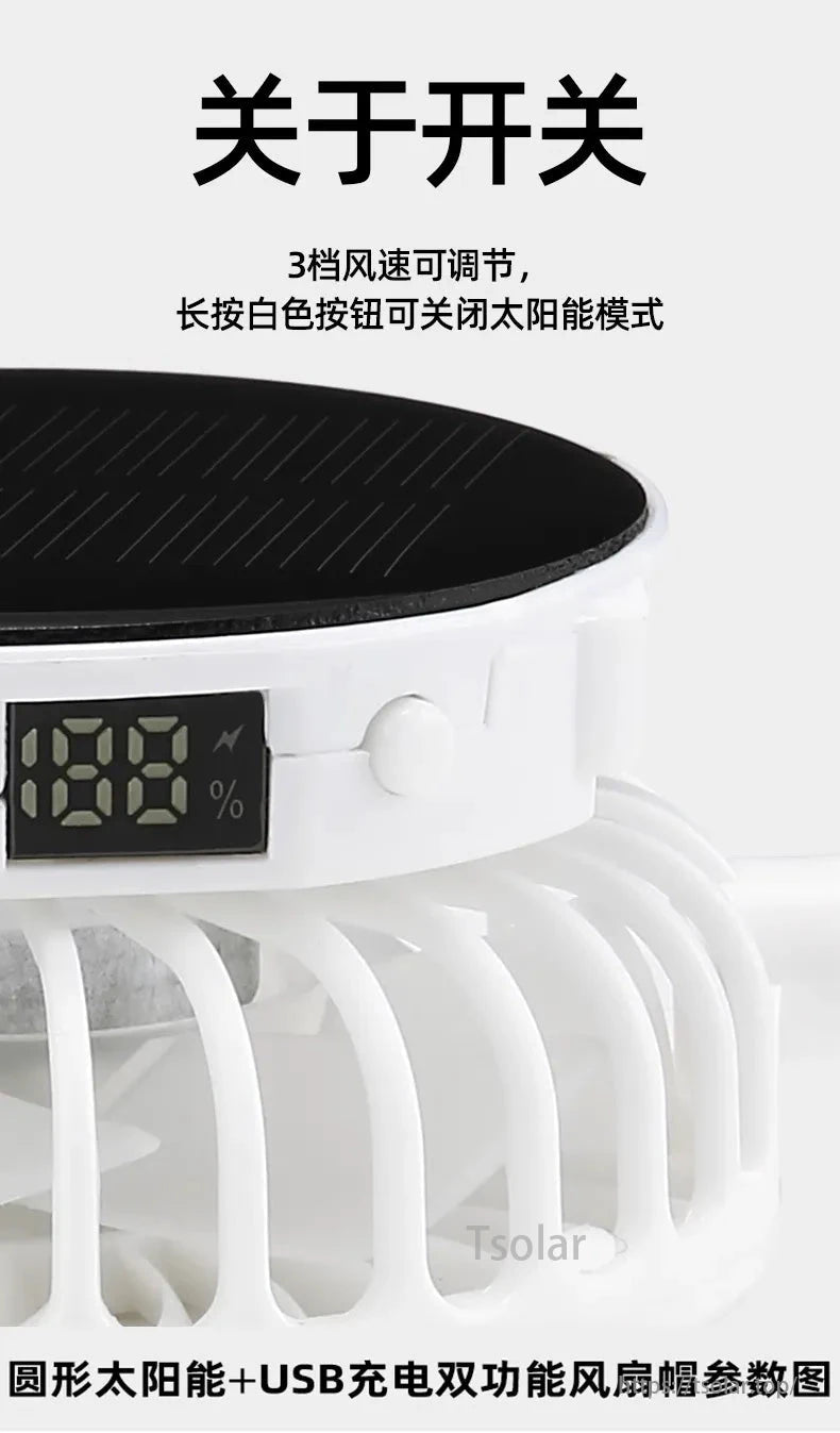 Solar Mesh Baseball Cap, Solar cap with 3-speed fan; press white button to disable solar mode.