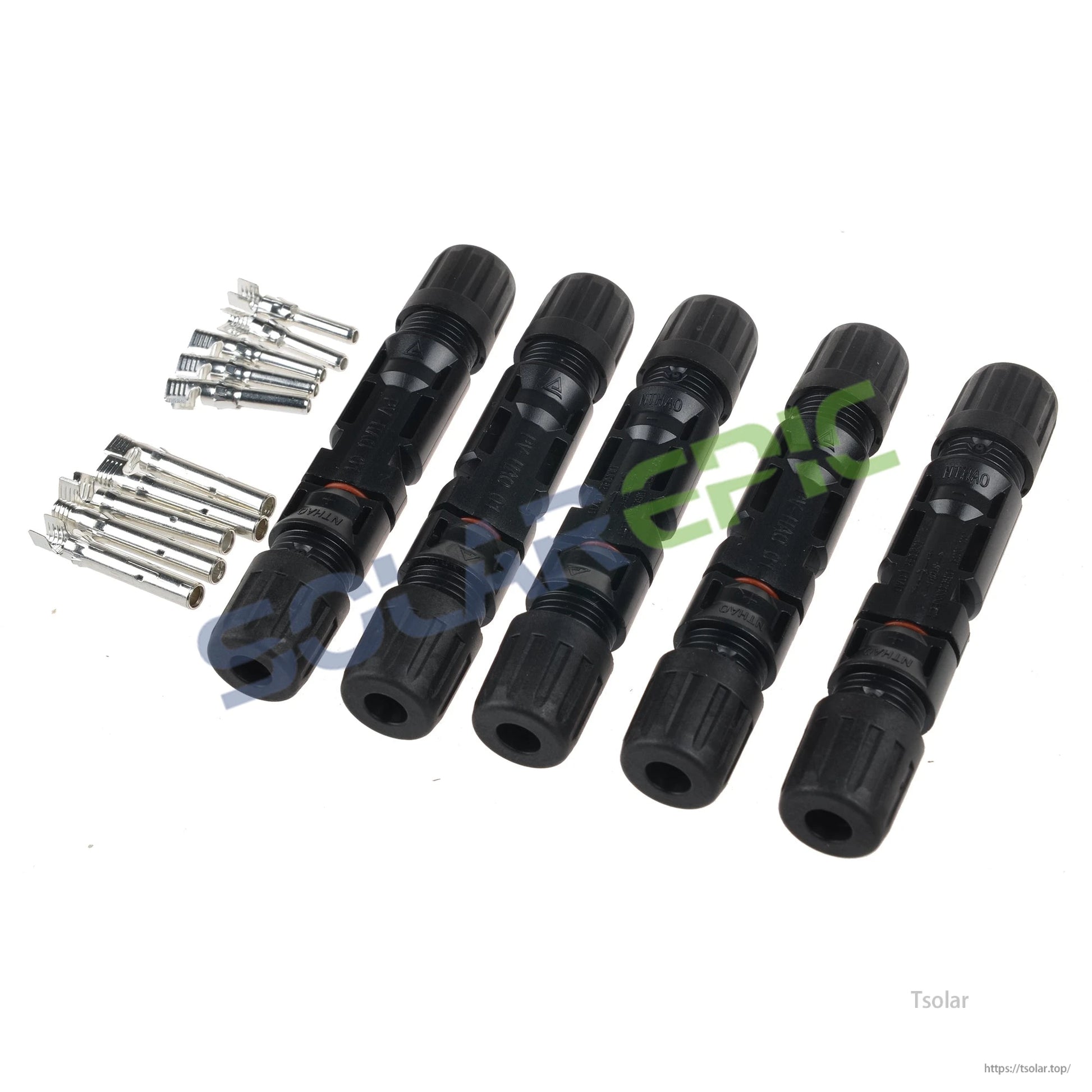 Set of black solar panel cable connectors with waterproof glands and matching metal crimp pins