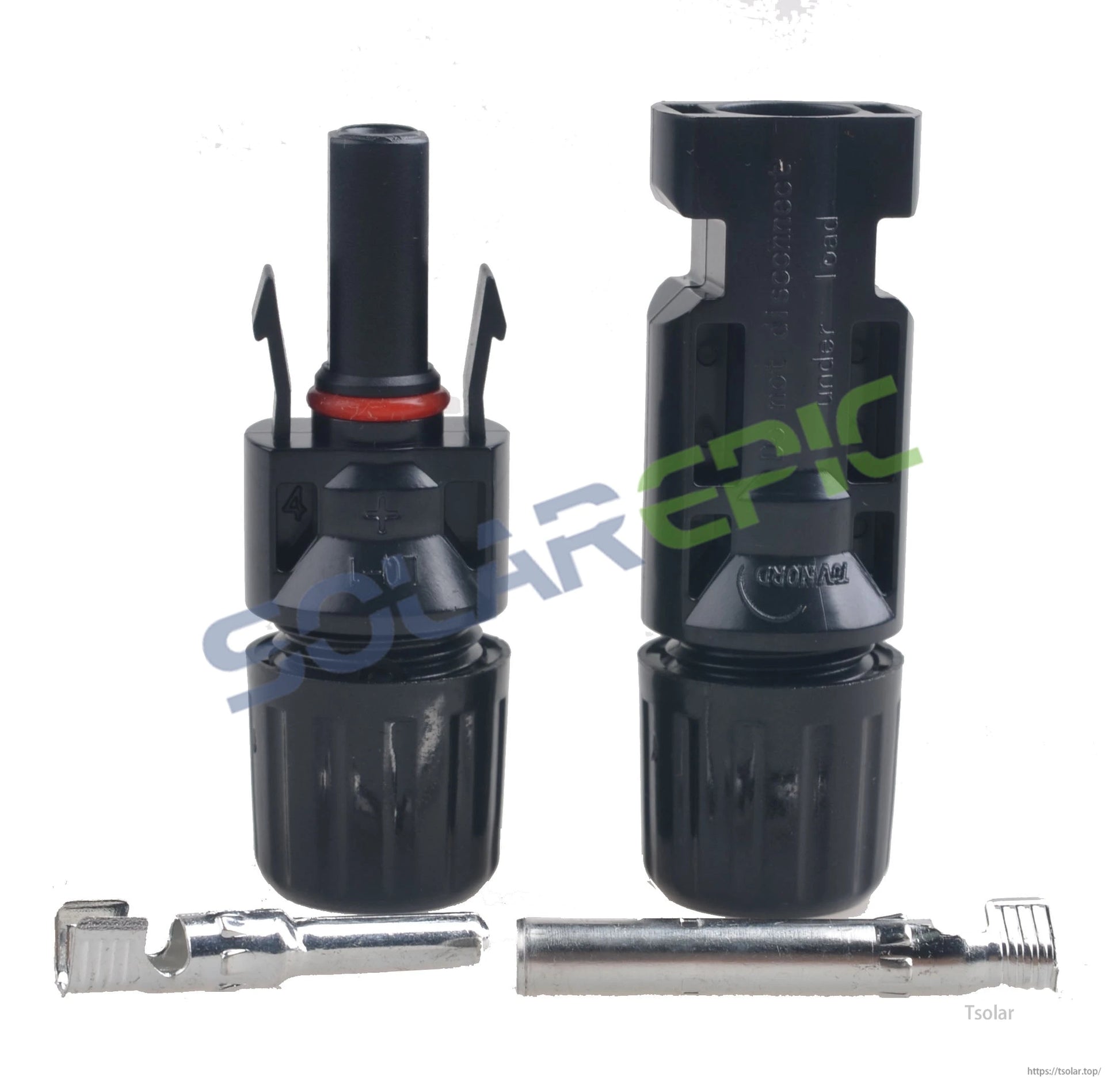 Solar panel cable connector set with black locking housings, red O-ring seal, and metal crimp contacts