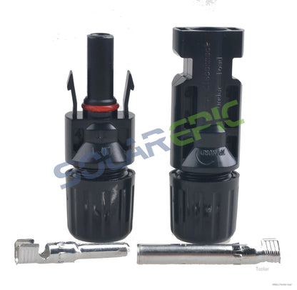 Solar panel cable connector set with black locking housings, red O-ring seal, and metal crimp contacts