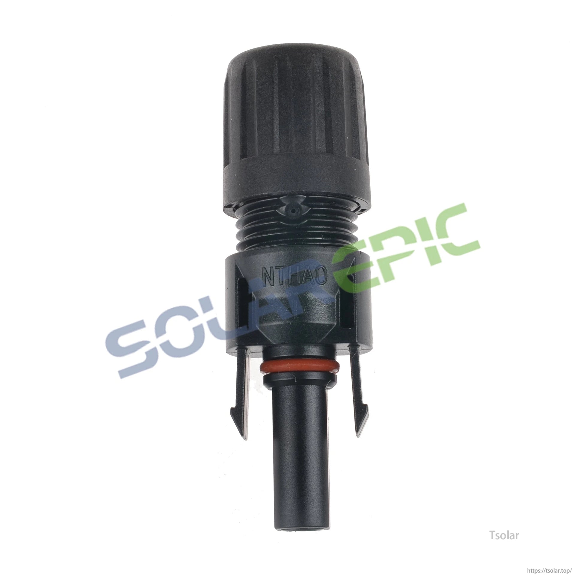 Black solar panel cable connector with threaded cap, locking tabs, and orange O-ring seal