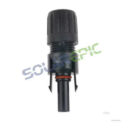Black solar panel cable connector with threaded cap, locking tabs, and orange O-ring seal