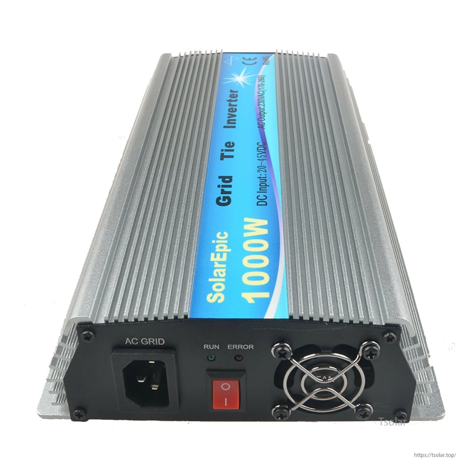 SolarEpic 1000W grid tie inverter with finned aluminum case, AC grid socket, power switch, and cooling fan