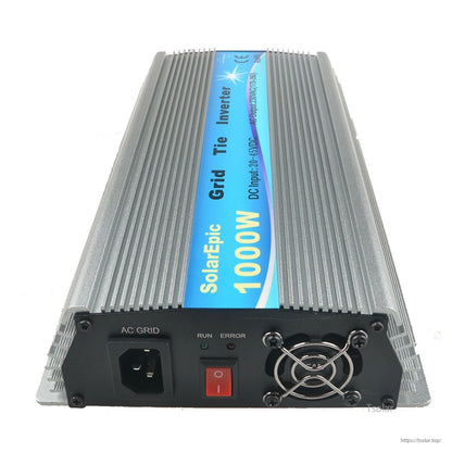 SolarEpic 1000W grid tie inverter with finned aluminum case, AC grid socket, power switch, and cooling fan