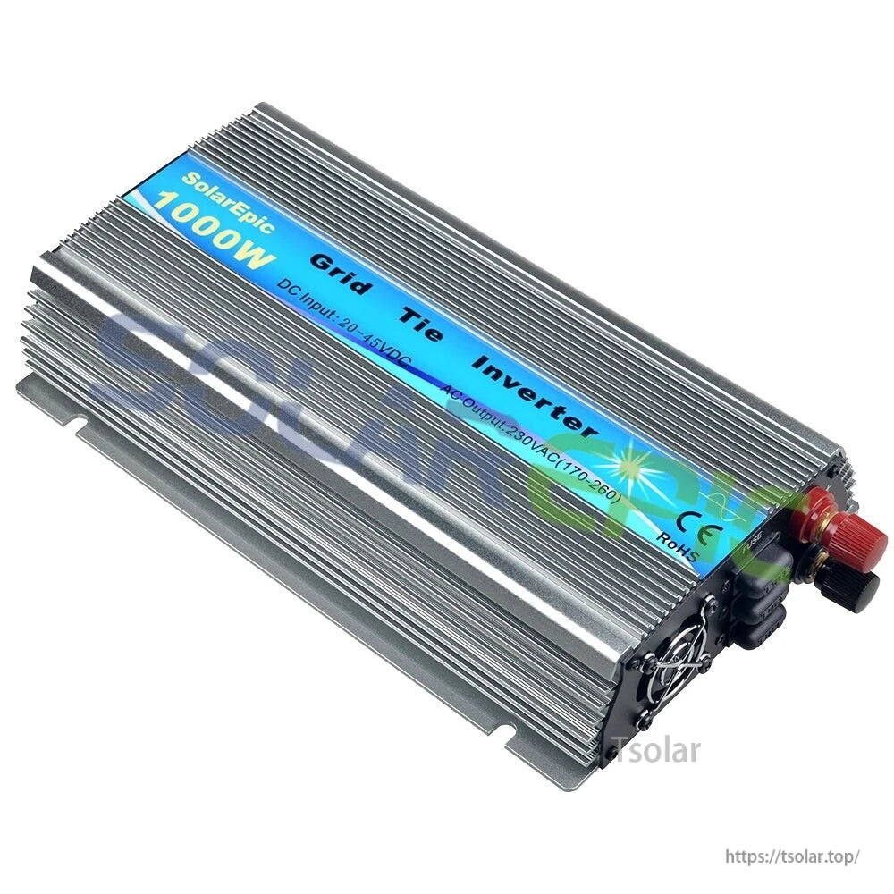 SolarEpic 1000W grid tie inverter with finned aluminum case, DC input 20–45V and red/black terminals