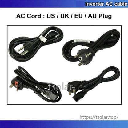 AC inverter power cord options with US, UK, EU, and AU plug styles for SolarEpic 1000W grid tie inverter