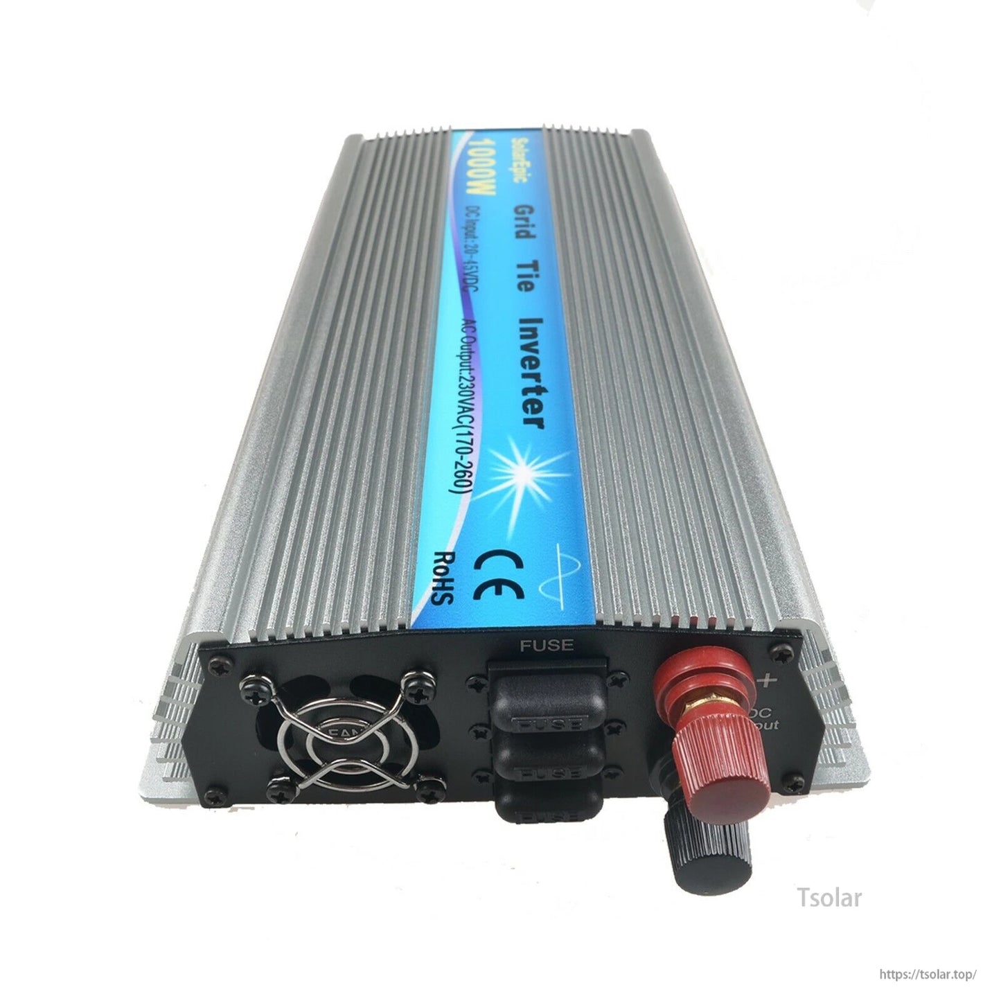 SolarEpic 1000W Grid Tie Inverter, SolarEpic 1000W grid-tie inverter with finned aluminum case, cooling fan, fuse and red/black DC terminals
