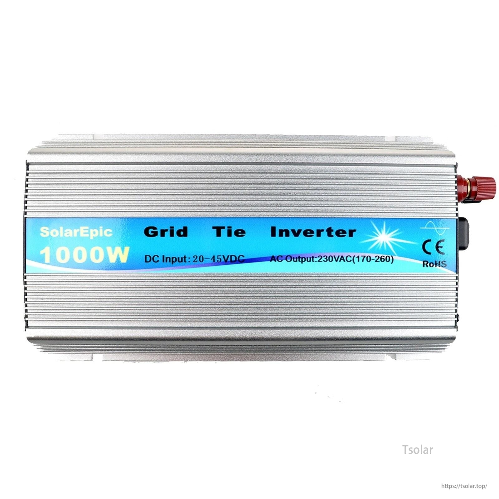 SolarEpic 1000W grid tie inverter in aluminum finned case with DC input 20–45VDC and AC output 230VAC label