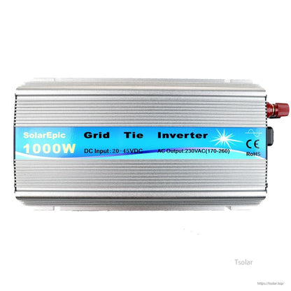 SolarEpic 1000W grid tie inverter in aluminum finned case with DC input 20–45VDC and AC output 230VAC label