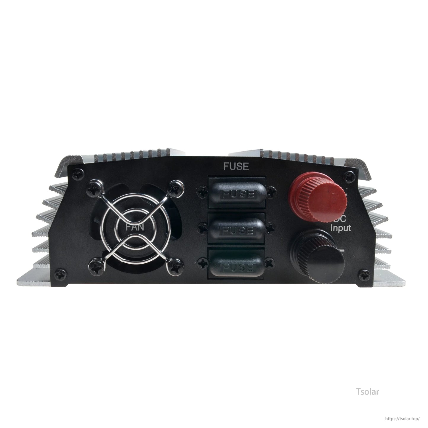 SolarEpic 1300W MPPT Grid Tie Inverter, SolarEpic MPPT grid tie inverter end panel with cooling fan, three fuse holders, and red/black DC input terminals
