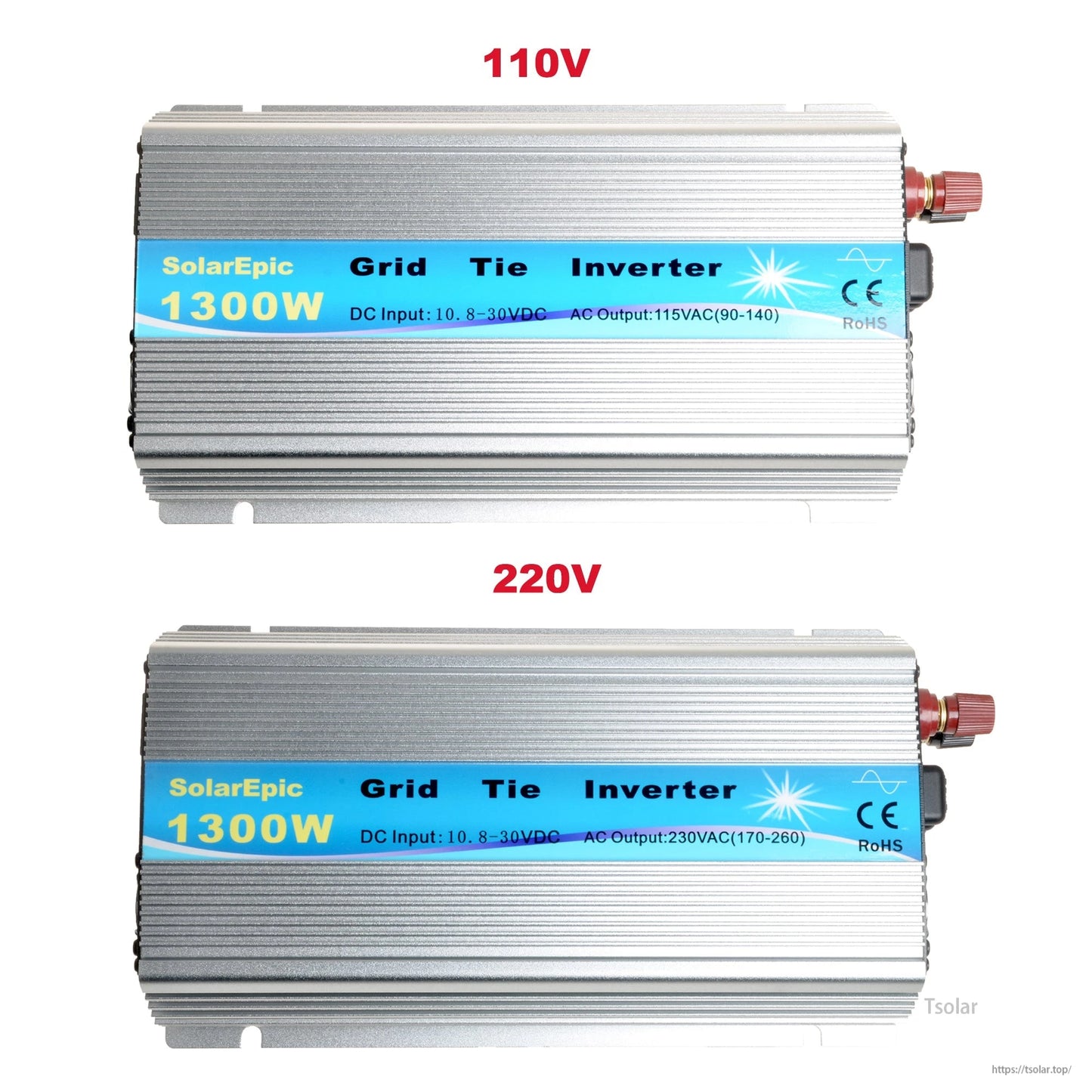 SolarEpic 1300W MPPT Grid Tie Inverter, SolarEpic 1300W grid tie inverter, 110V and 220V versions, labeled DC input 10.8–30V and AC output ranges