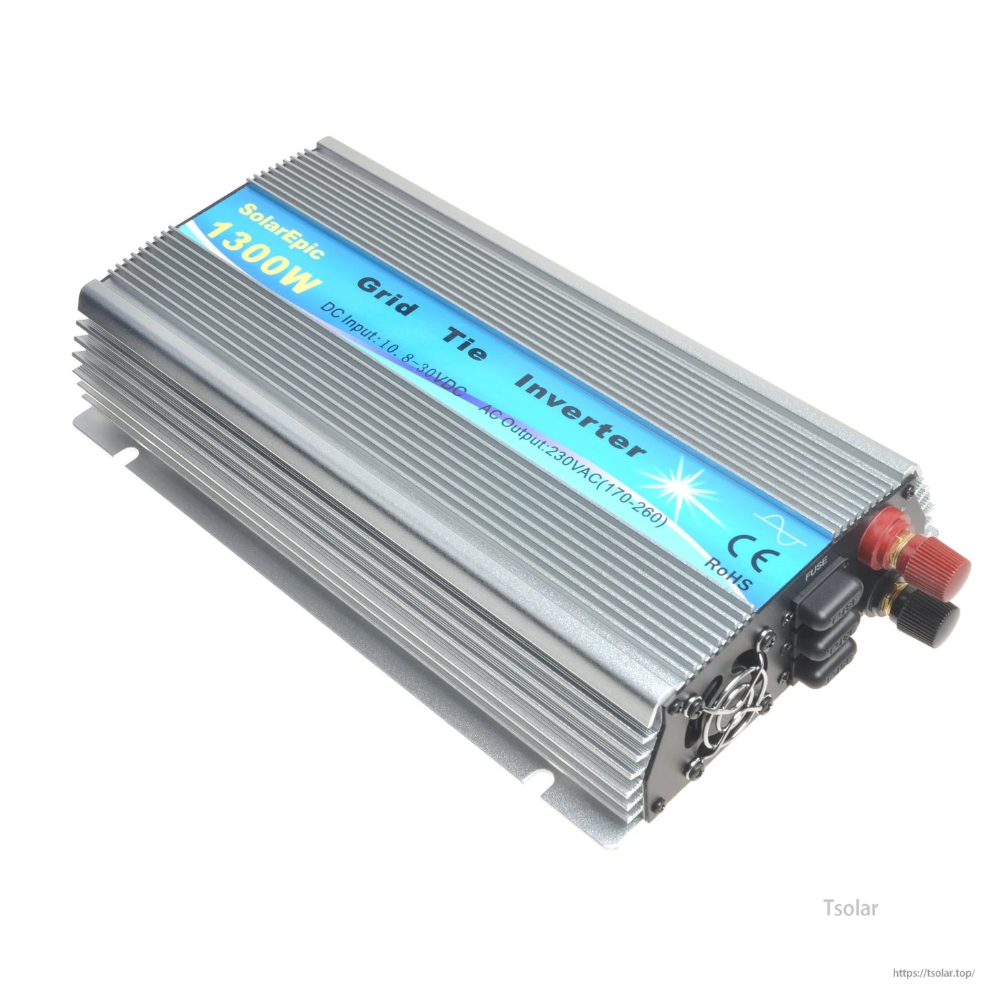 SolarEpic 1300W MPPT Grid Tie Inverter, SolarEpic 1300W MPPT grid-tie inverter in finned aluminum case with red/black DC terminals and label