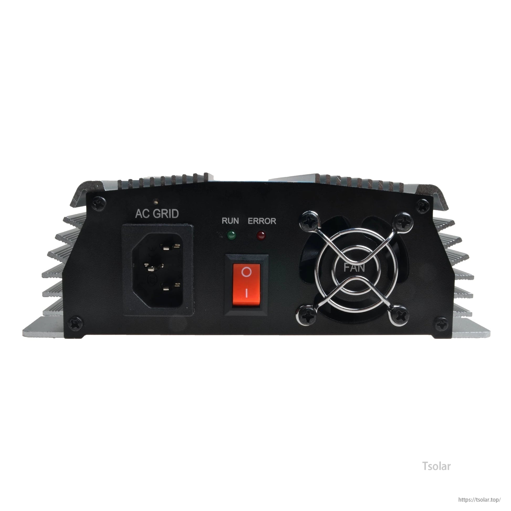 SolarEpic 1300W MPPT Grid Tie Inverter, SolarEpic MPPT grid-tie inverter front panel with AC grid socket, run/error LEDs, power switch, and cooling fan