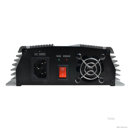 SolarEpic 1300W MPPT Grid Tie Inverter, SolarEpic MPPT grid-tie inverter front panel with AC grid socket, run/error LEDs, power switch, and cooling fan