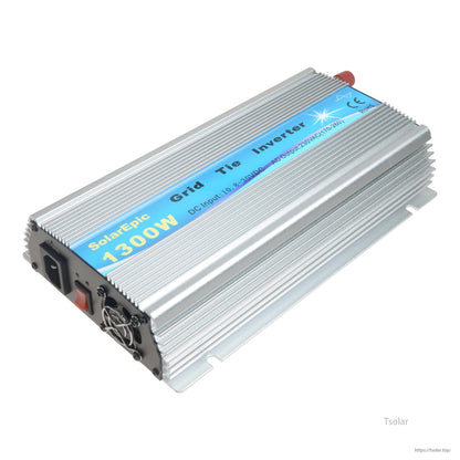 SolarEpic 1300W MPPT Grid Tie Inverter, SolarEpic 1300W grid tie inverter with finned aluminum case, cooling fan, power switch, and AC output port