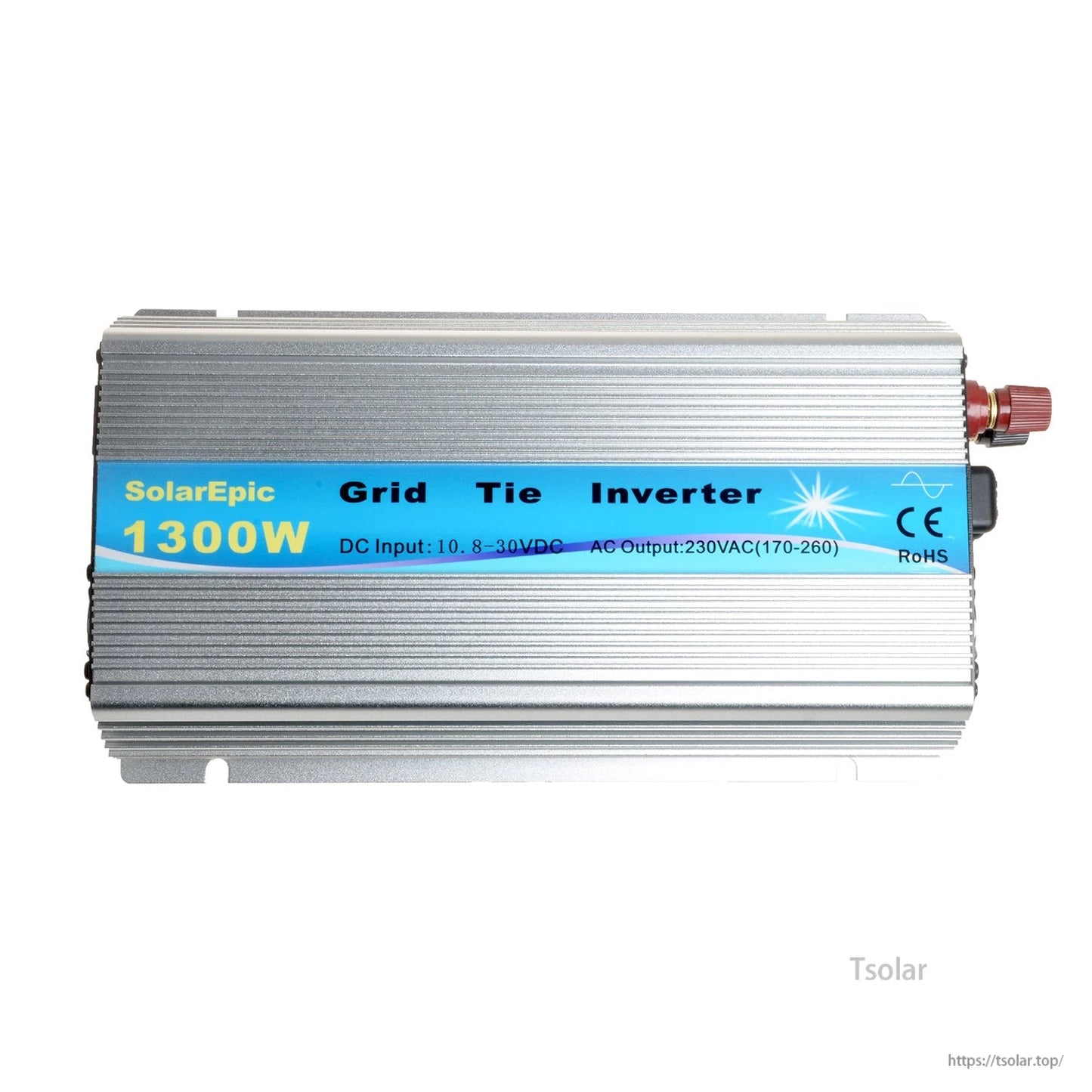 SolarEpic 1300W MPPT Grid Tie Inverter, SolarEpic 1300W grid-tie inverter with finned aluminum case, label showing DC 10.8–30V input and 230VAC output