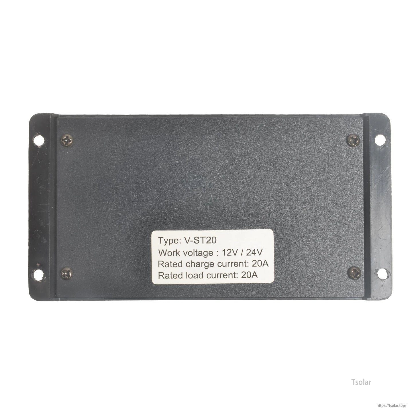 SolarEpic 20A solar charge controller enclosure with label showing V-ST20, 12V/24V work voltage and 20A ratings