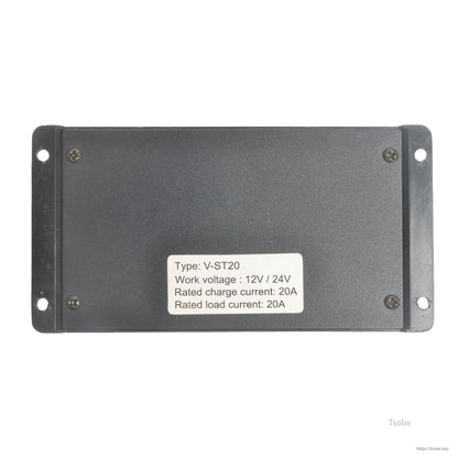 SolarEpic 20A solar charge controller enclosure with label showing V-ST20, 12V/24V work voltage and 20A ratings