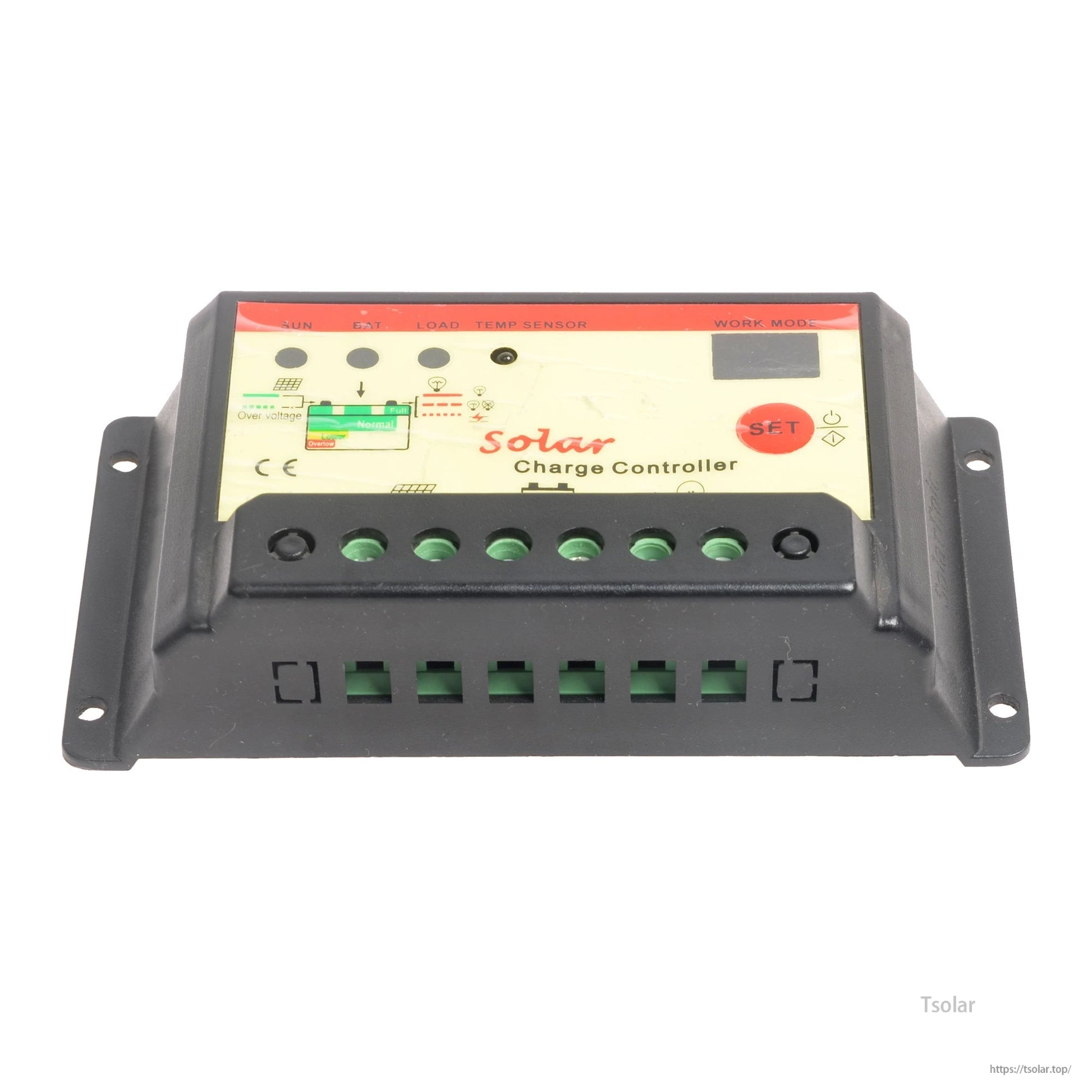 SolarEpic 20A solar charge controller with LCD screen, SET button, and screw terminal block for panel, battery, and load