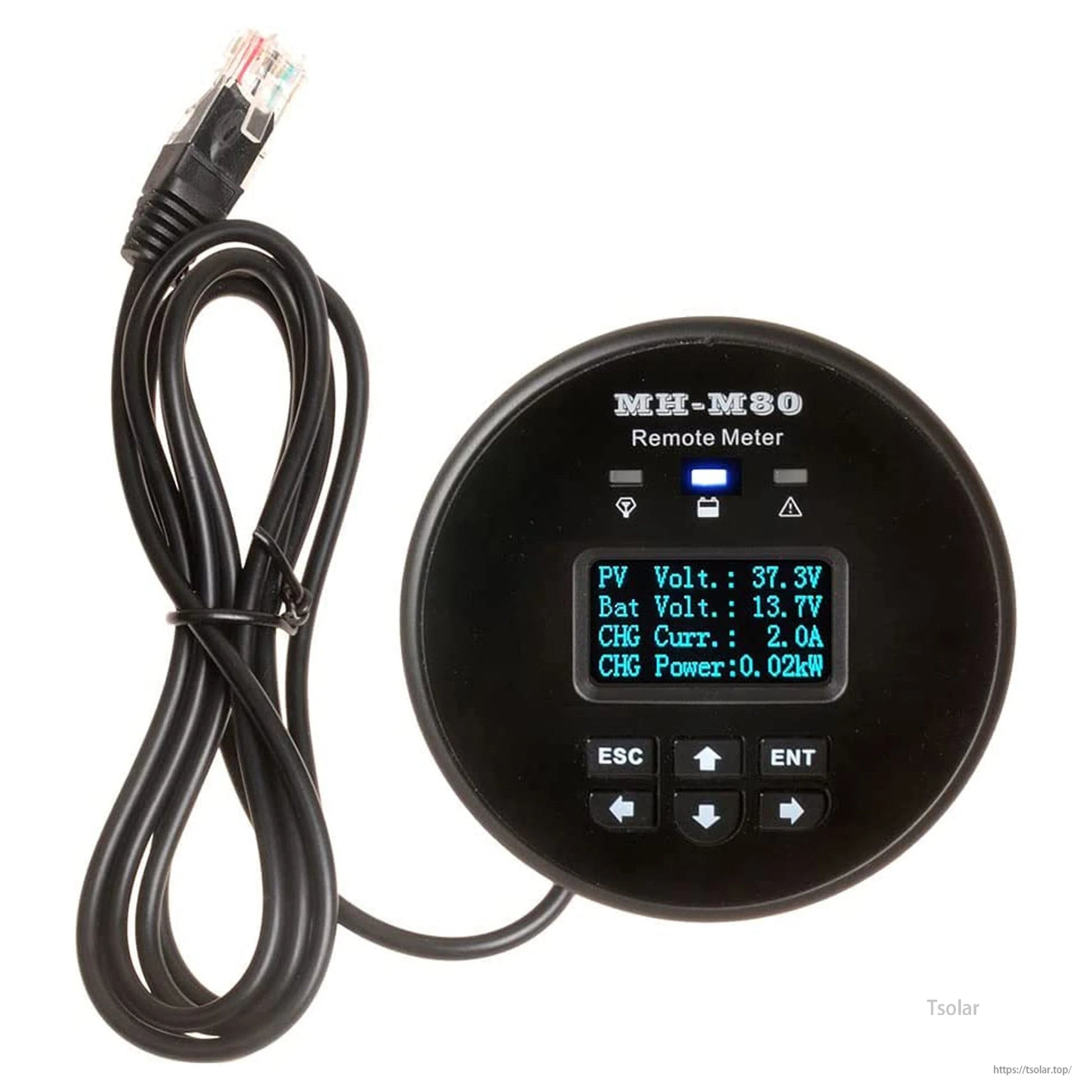 SolarEpic 60A MPPT Solar Charge Controller, MH-M80 remote meter display with RJ45 cable, showing PV and battery voltage and charge current readouts