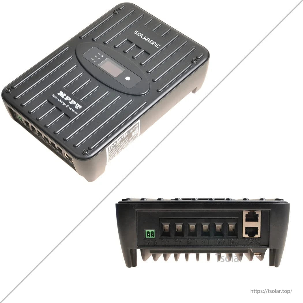 SolarEpic 60A MPPT solar charge controller with built-in LCD display, terminal block, and dual RJ45 communication ports