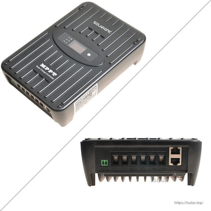 SolarEpic 60A MPPT solar charge controller with built-in LCD display, terminal block, and dual RJ45 communication ports
