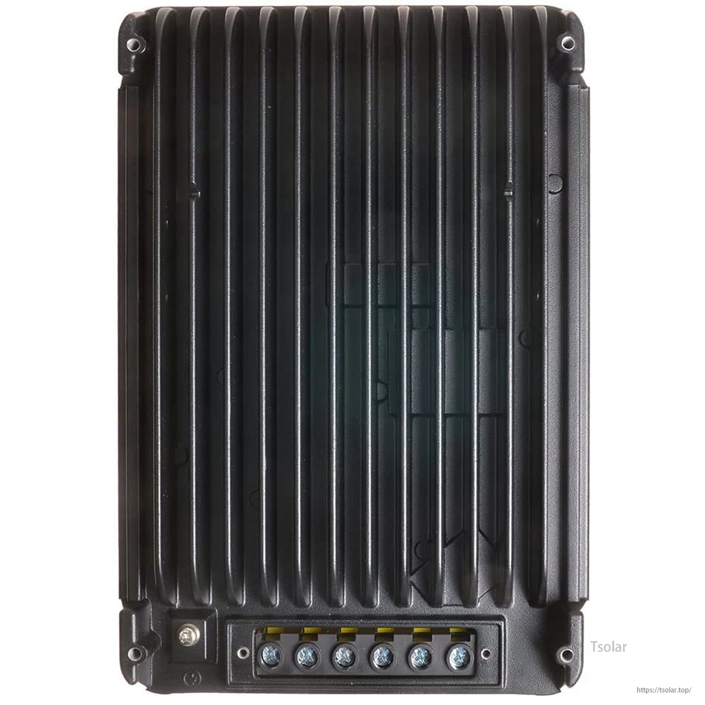 SolarEpic 60A MPPT Solar Charge Controller, SolarEpic MPPT solar charge controller with finned black heatsink housing and 6-screw wiring terminal block
