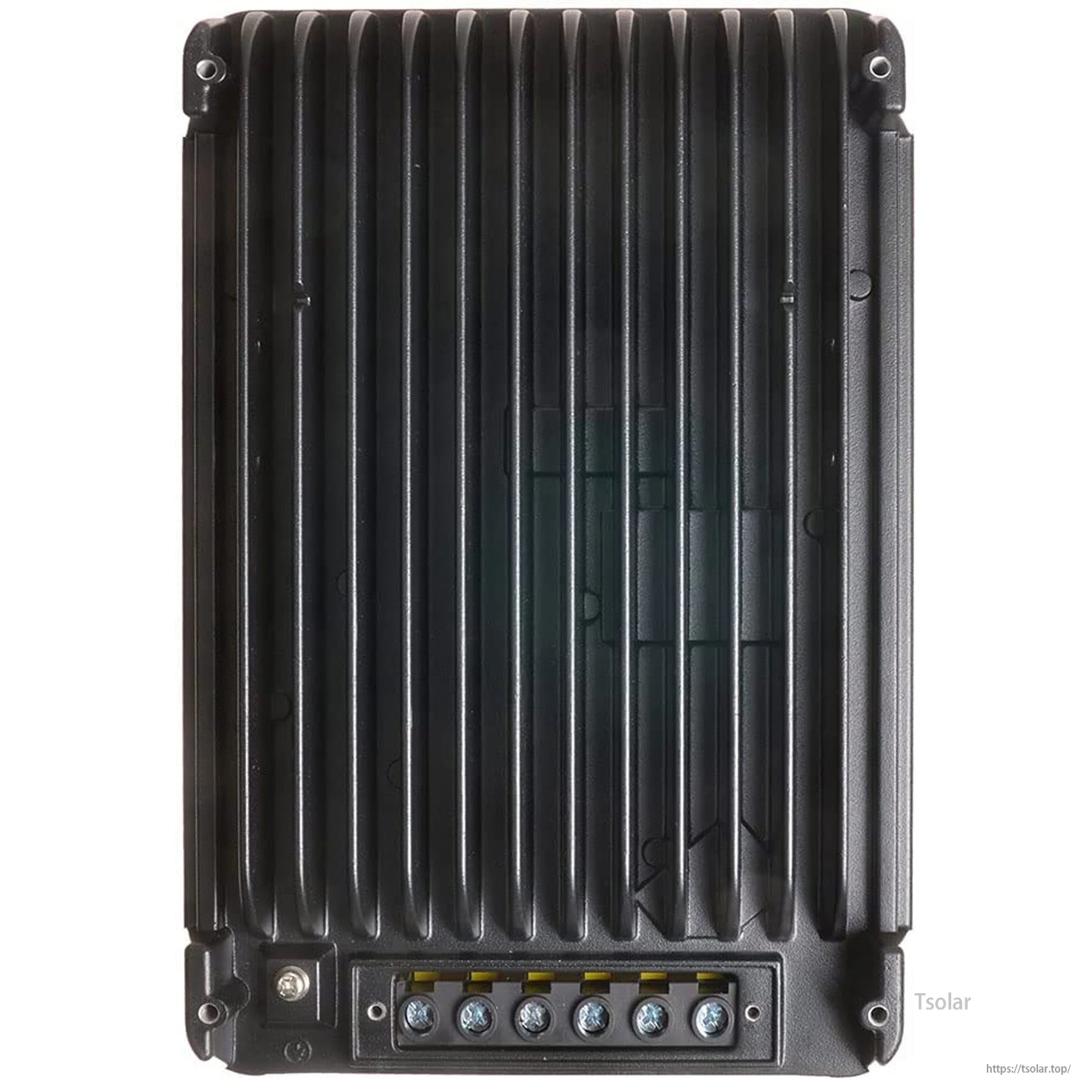 SolarEpic 60A MPPT Solar Charge Controller, SolarEpic MPPT solar charge controller with finned black heatsink housing and 6-screw wiring terminal block