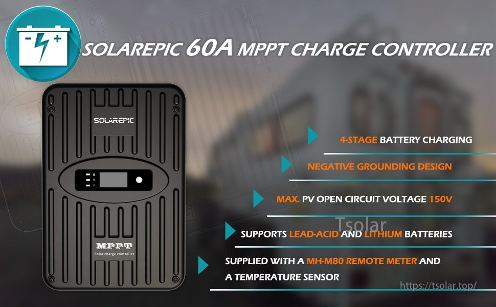 SolarEpic 60A MPPT Solar Charge Controller 150V PV Input 12V/24V Battery System 840W/1680W Solar Panel Controller W/ MH-M80 Meter + Temperature Sensor Works with Lead-Acid & Lithium Batteries