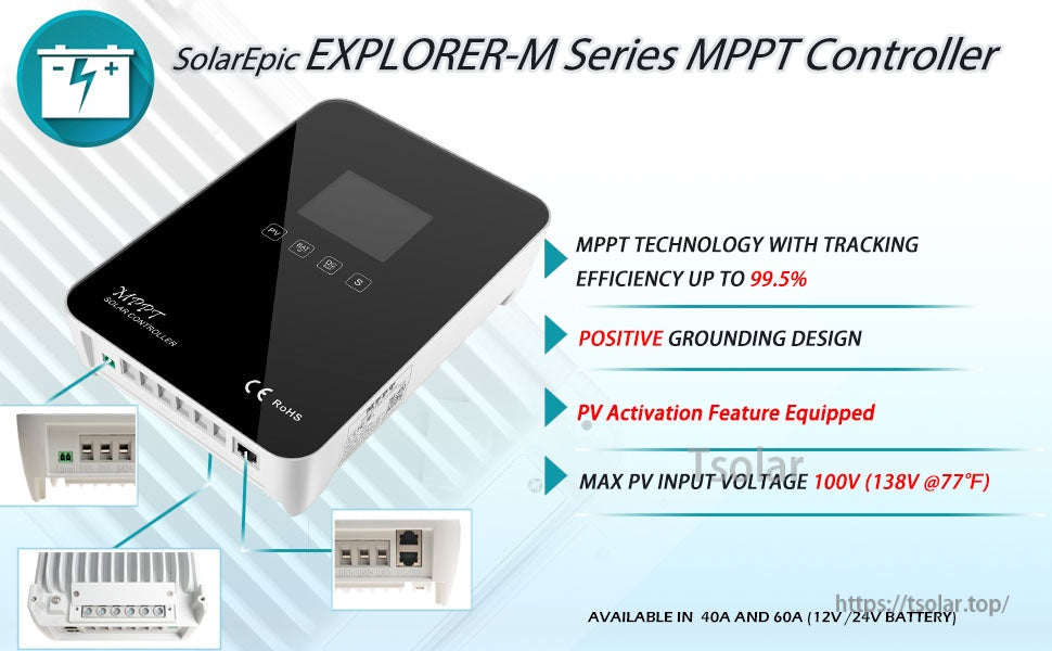 SolarEpic EM2460 60A MPPT Solar Charge Controller 100V PV Input Explorer-M Series
