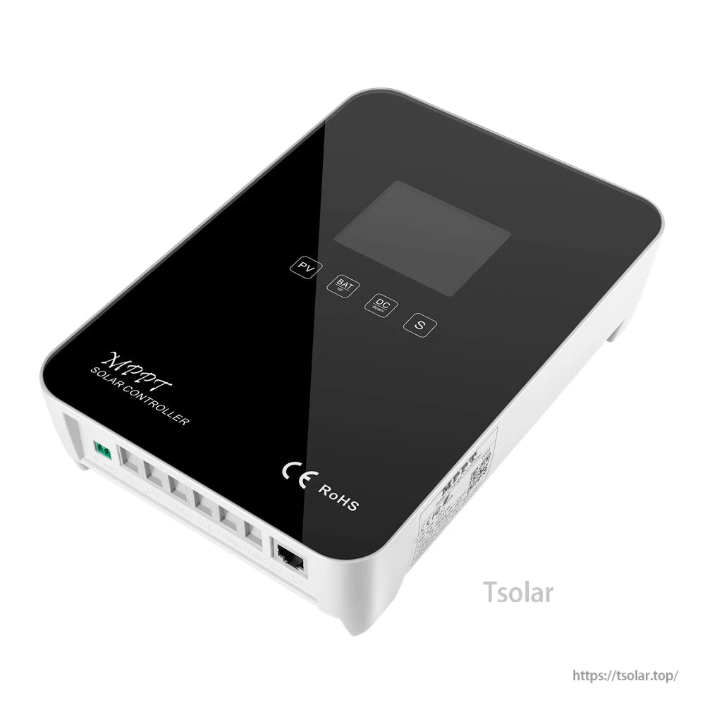MPPT solar charge controller with glossy black cover, small LCD screen, front buttons, and side wiring terminals