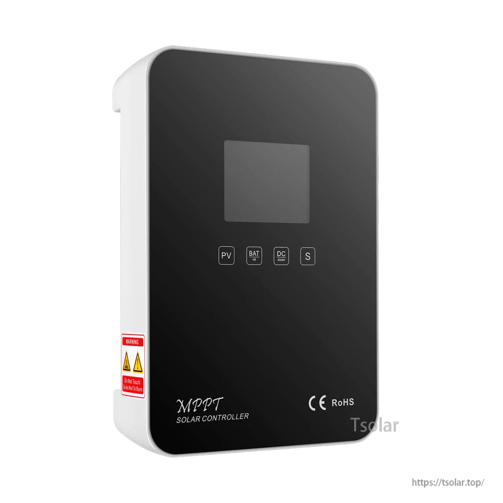 MPPT solar charge controller with black front panel, small LCD display, and PV/BAT/DC/S buttons