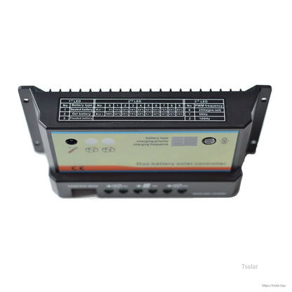 Dual battery PWM solar charge controller with LED indicator chart and front control buttons
