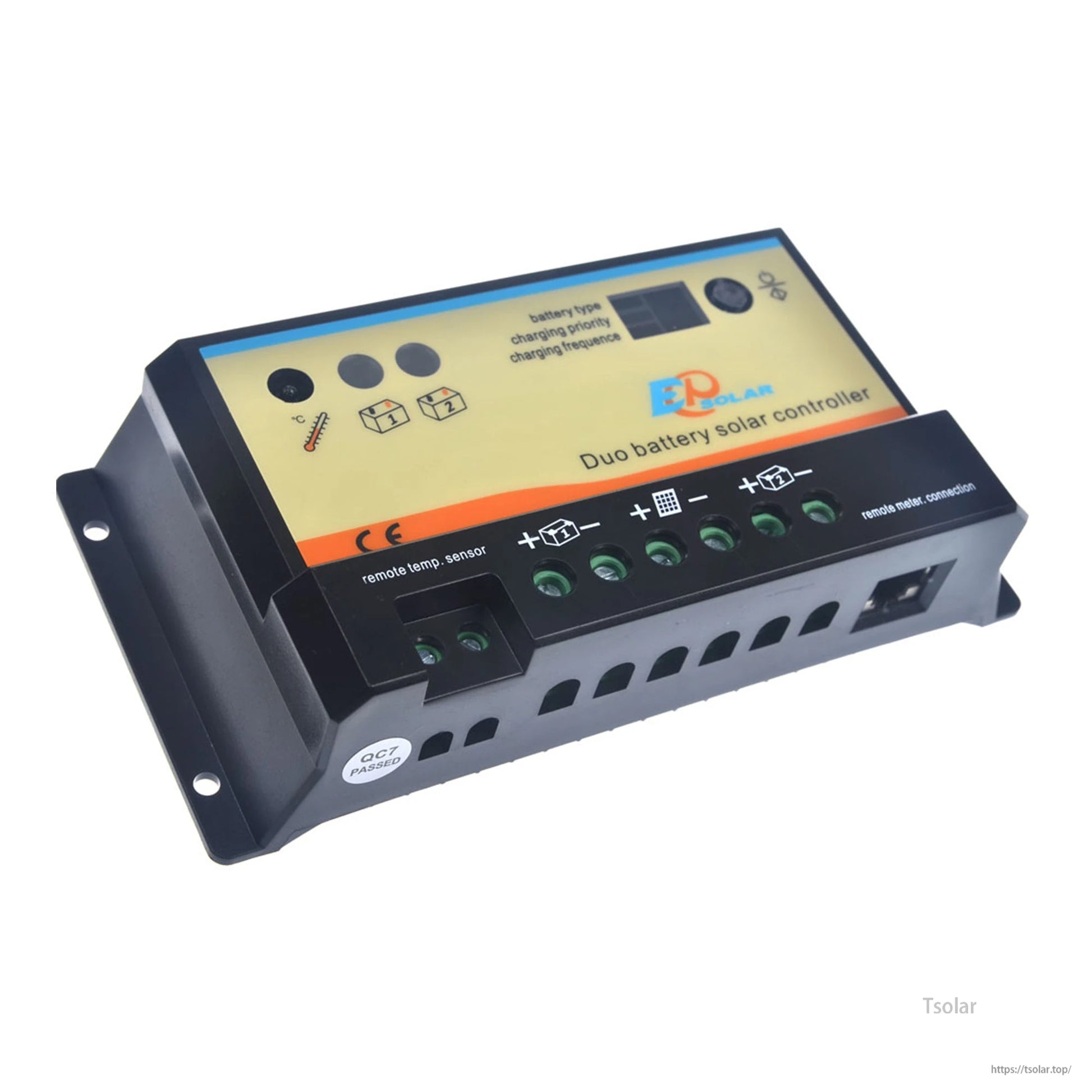 Dual-battery PWM solar charge controller with LCD screen, buttons, and labeled screw terminals in a black case