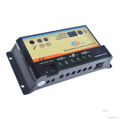 Dual-battery PWM solar charge controller with LCD screen, buttons, and labeled screw terminals in a black case