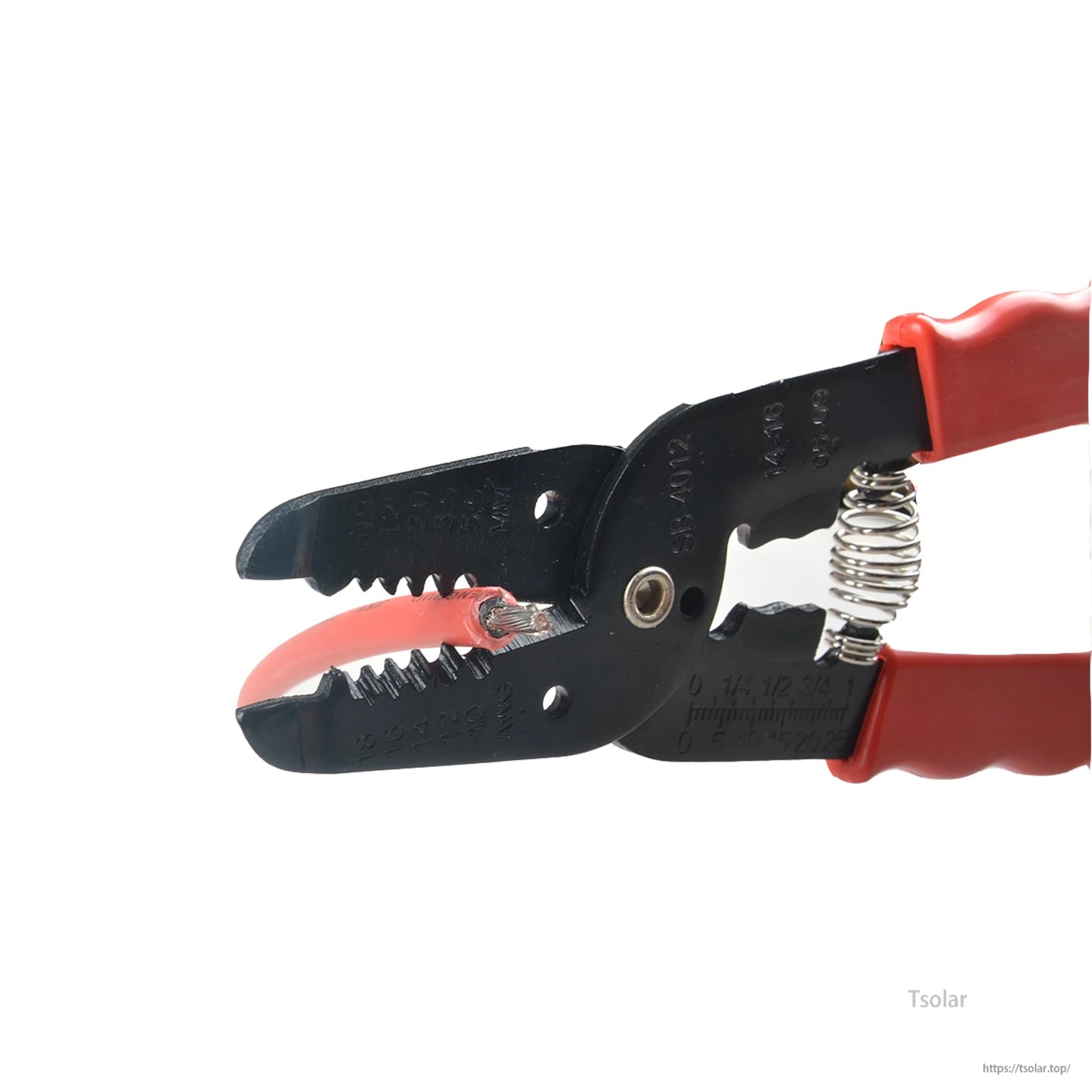 SolarEpic H03 MC4 solar terminal pressing tool crimper with red handles gripping a cable end